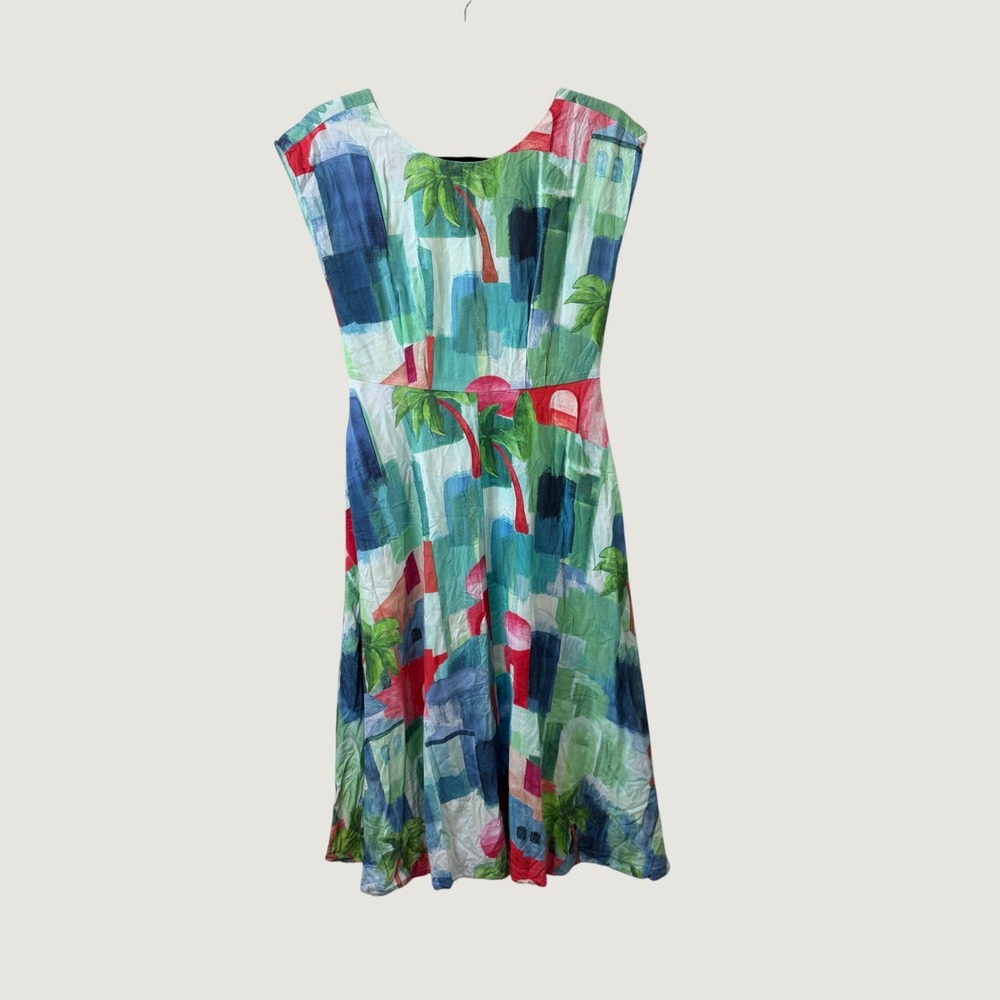 Unbranded Tropical Landscape Midi Dress Multicolor Palm Tree Coastal Boho Small